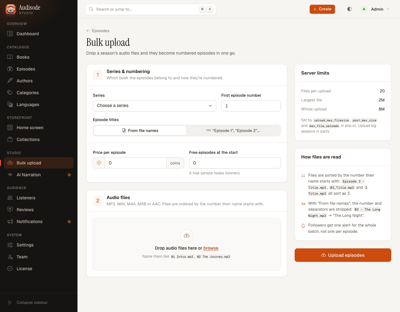 The Bulk upload page with a series picker, numbering and price, and a drop zone for audio files