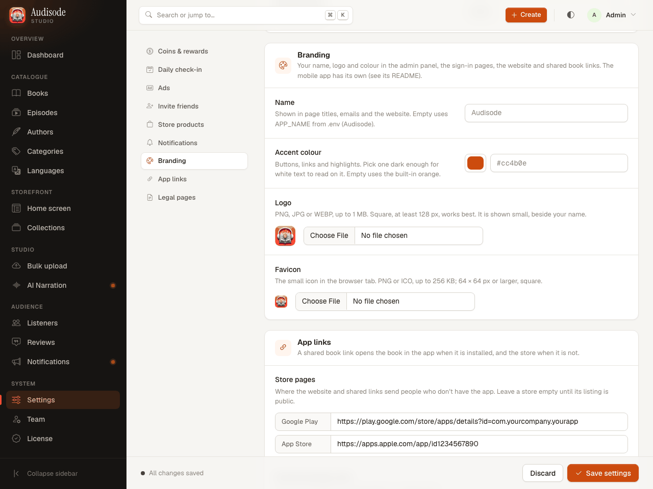 Settings: Branding with a name field, accent colour picker, logo and favicon uploads