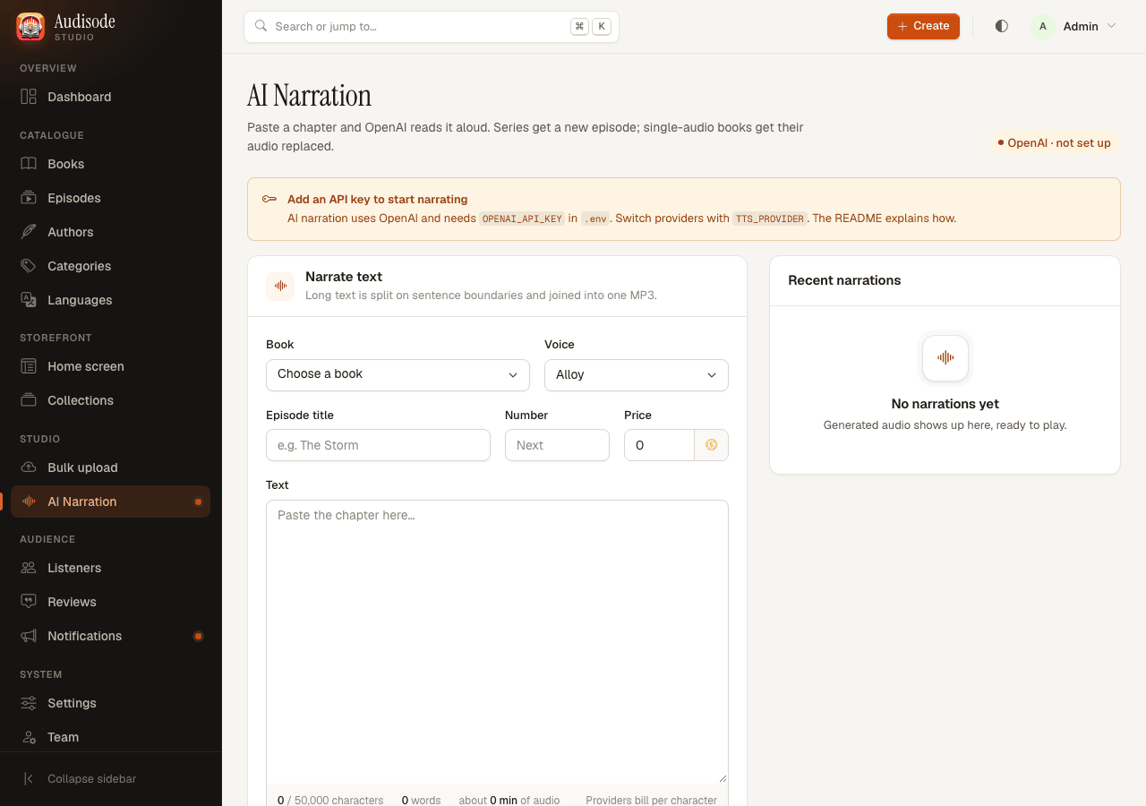 The AI Narration page with a form for book, voice, episode title, number, price and text, and a list of recent narrations