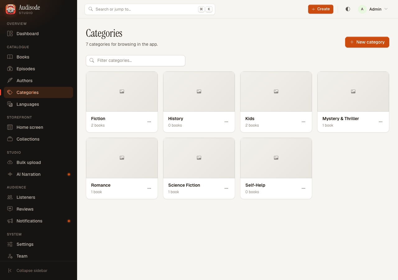 The Categories page with a list of categories and their book counts