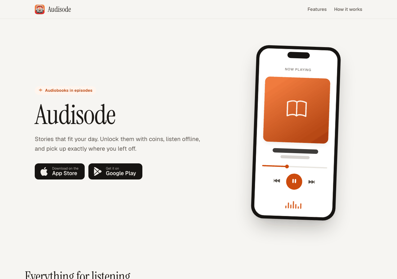 The public website home page with the app name, a short pitch, a phone mock-up and feature cards