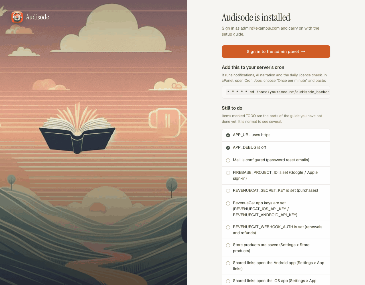 The finish page: Audisode is installed, the cron line to add, and a Still to do checklist
