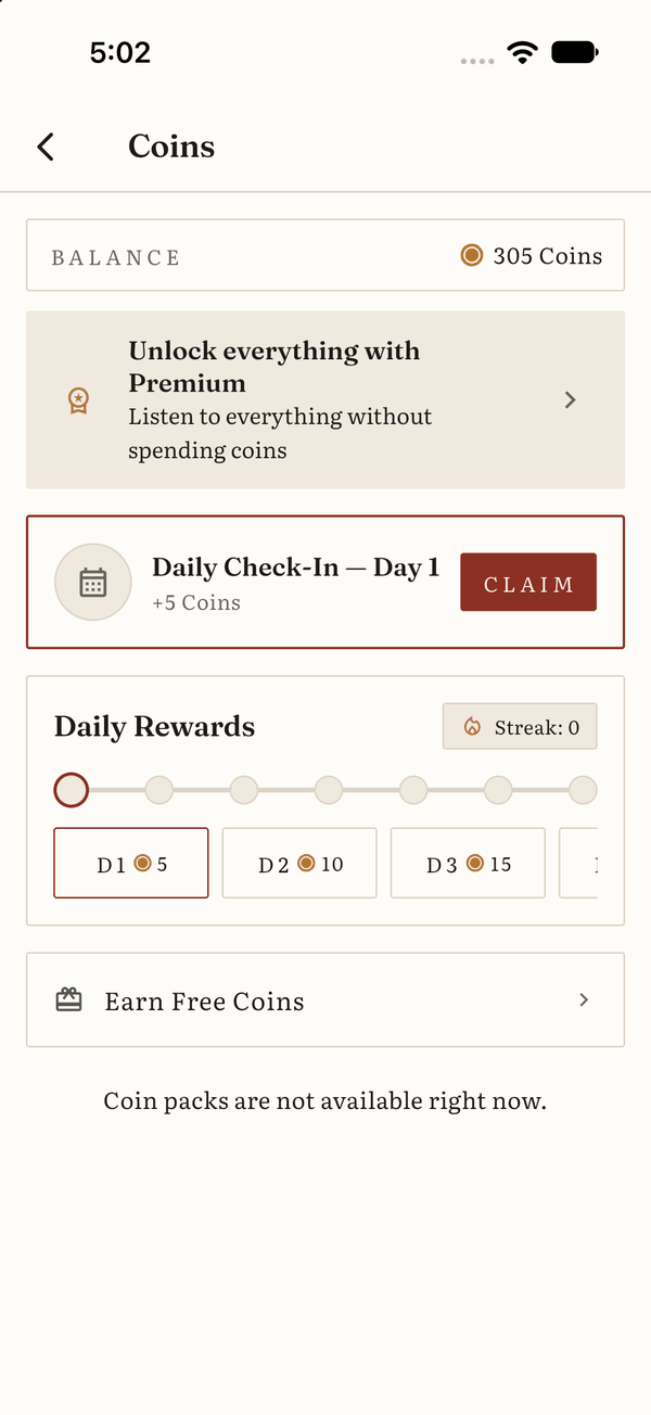 The app's Coins page with the balance, a Premium banner, the daily check-in with a seven-day grid and an Earn Free Coins link